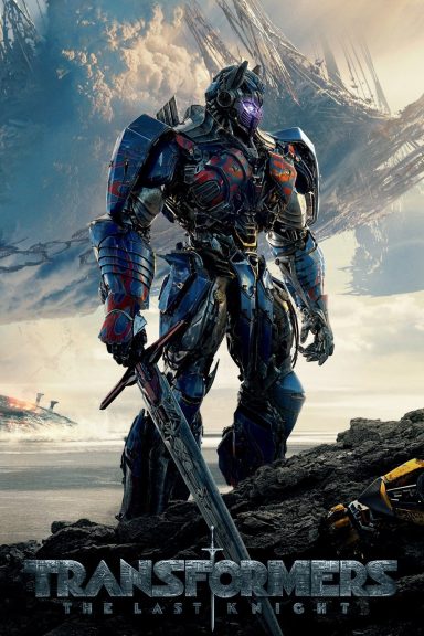 Optimus Prime stands tall, wielding a sword against a dramatic landscape in Transformers: The Last Knight.