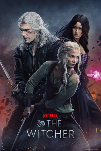 Geralt, Ciri, and Yennefer from "The Witcher" stand ready with swords, in a dark fantasy setting.