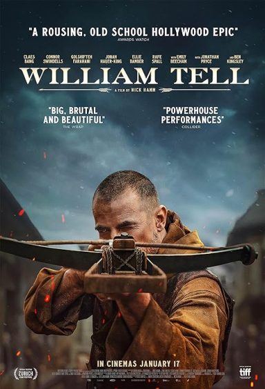 A man in period clothing aims a crossbow, with a movie title and release date below.